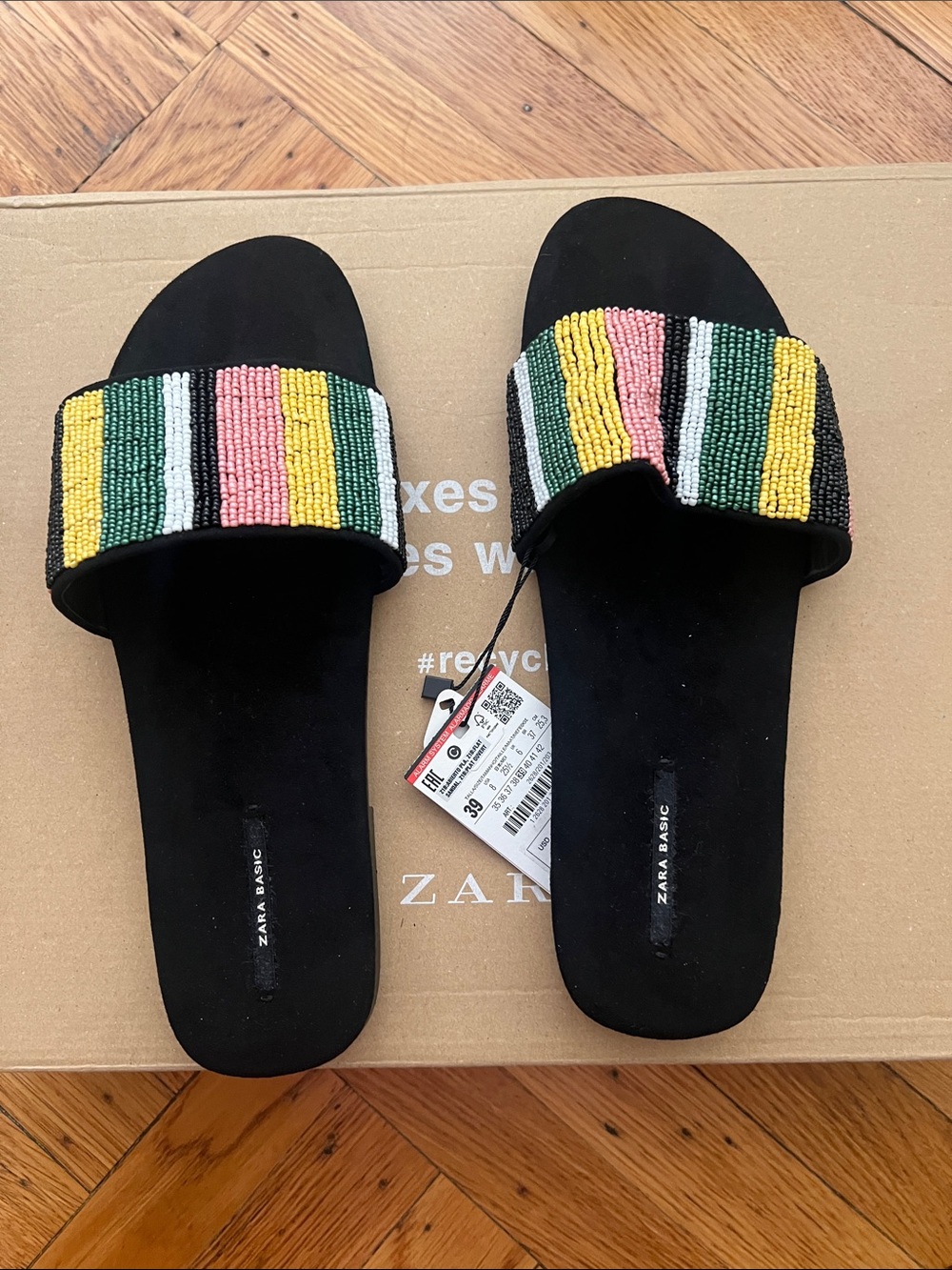 Zara Black Slide Sandals with Multicolor Beaded Strap, Size 8/ 39